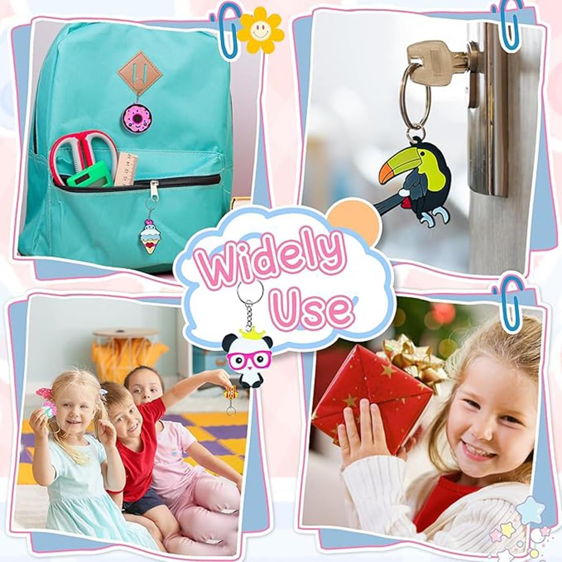 60PCS Cartoon Kids Keychains Bulk Party Favors, Cute Collectible Key Chains Ball Keyring Keychain Pendant for Kid, Party Bag Filler Keychains for School Day Birthday Party Supplies Gift image number 2