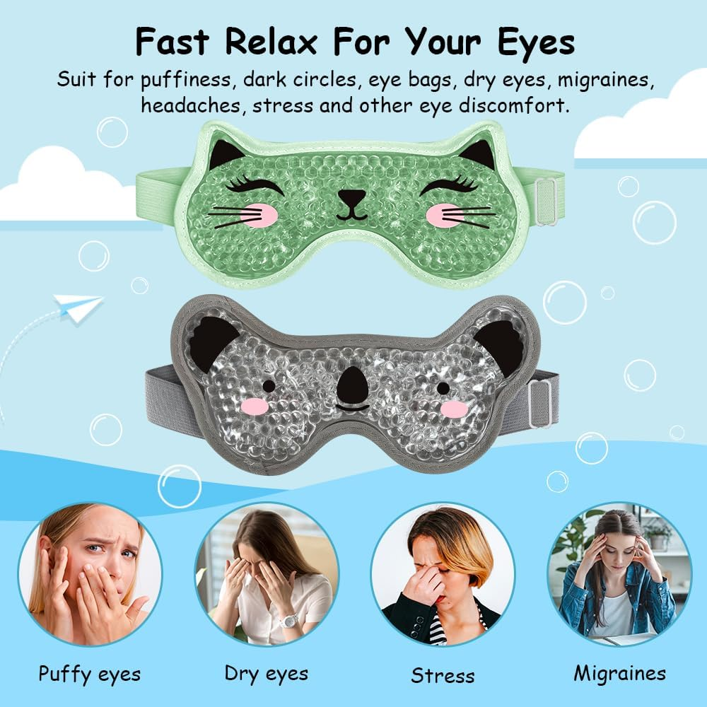 CONBELLA Kids Ice Packs 2 Packs Cooling Eye Mask with Soft Plush Backing for Children Boo Boos Sinus Headache Fever Patch for Kids (Green+Grey) image number 3