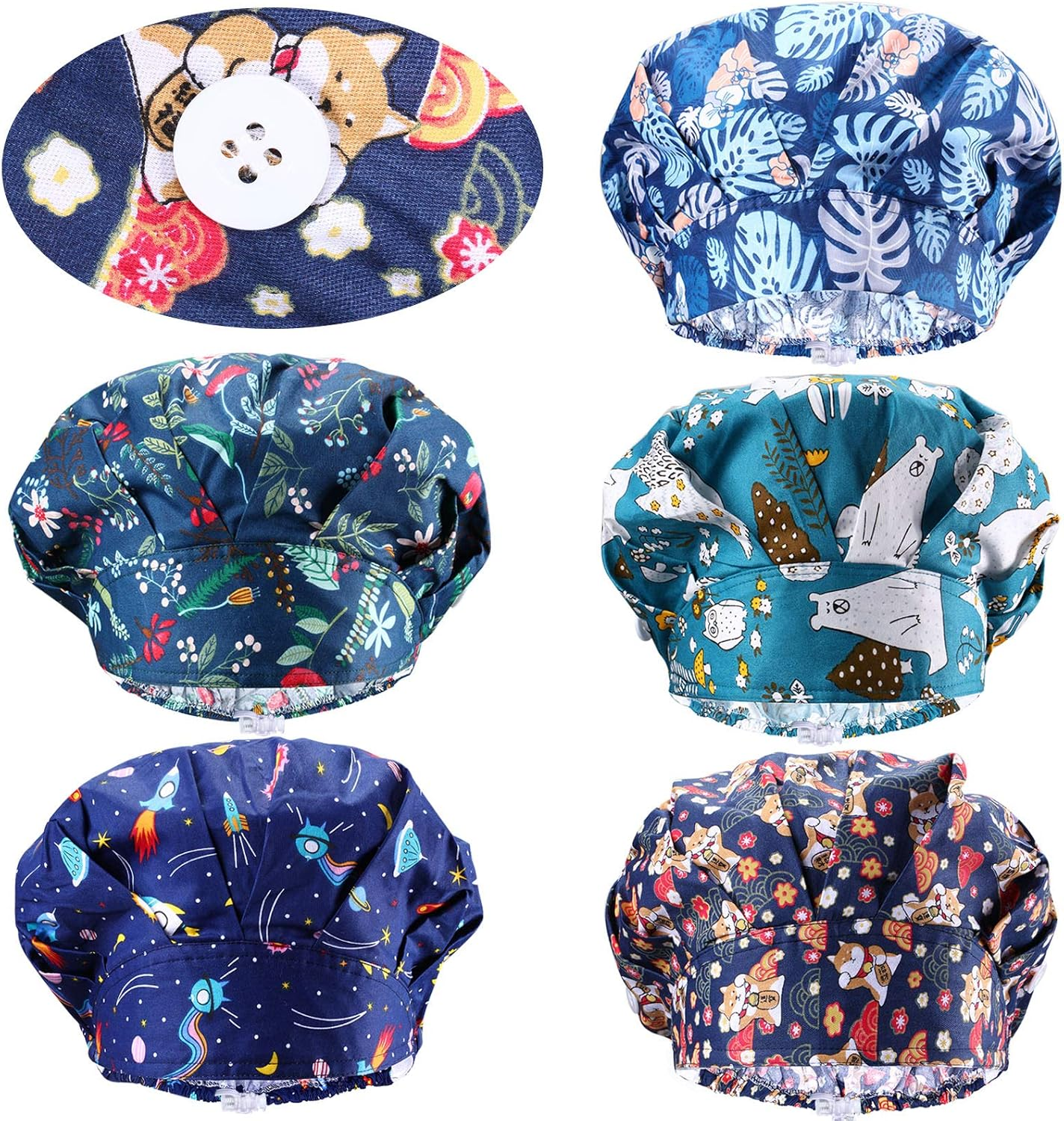 Geyoga 5 Pieces Adjustable Bouffant Caps with Buttons Printed Tie Back Hats with Sweatband Hat for Women Men, 5 Styles, Multicolor, 1