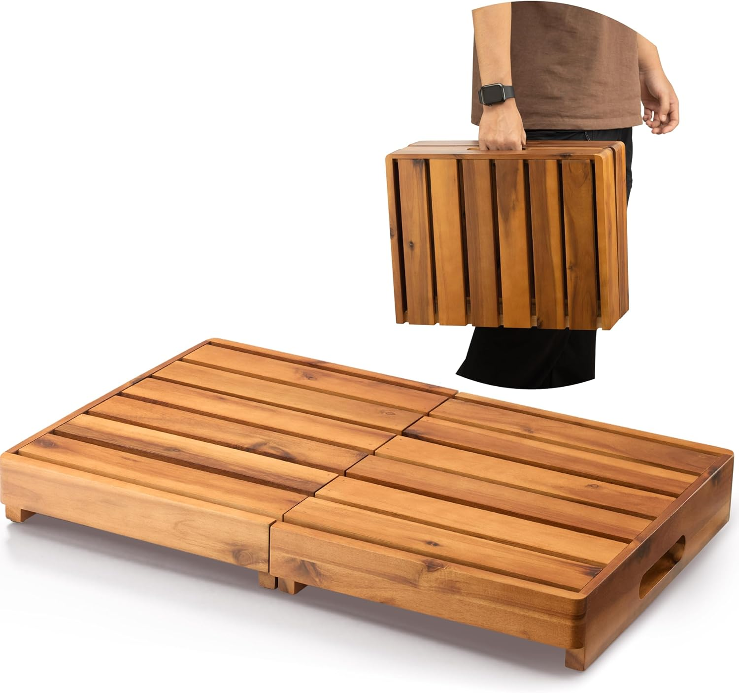 Holana 25In One Foldable Step Stool for Elderly - Acacia Wood High Riser Step Stool for Adults Kid - Wooden Mobility Stepping Stools 400 Lbs Load Capacity for Bathroom Aid Handicap, Bed,Kitchen,Garden image number 1