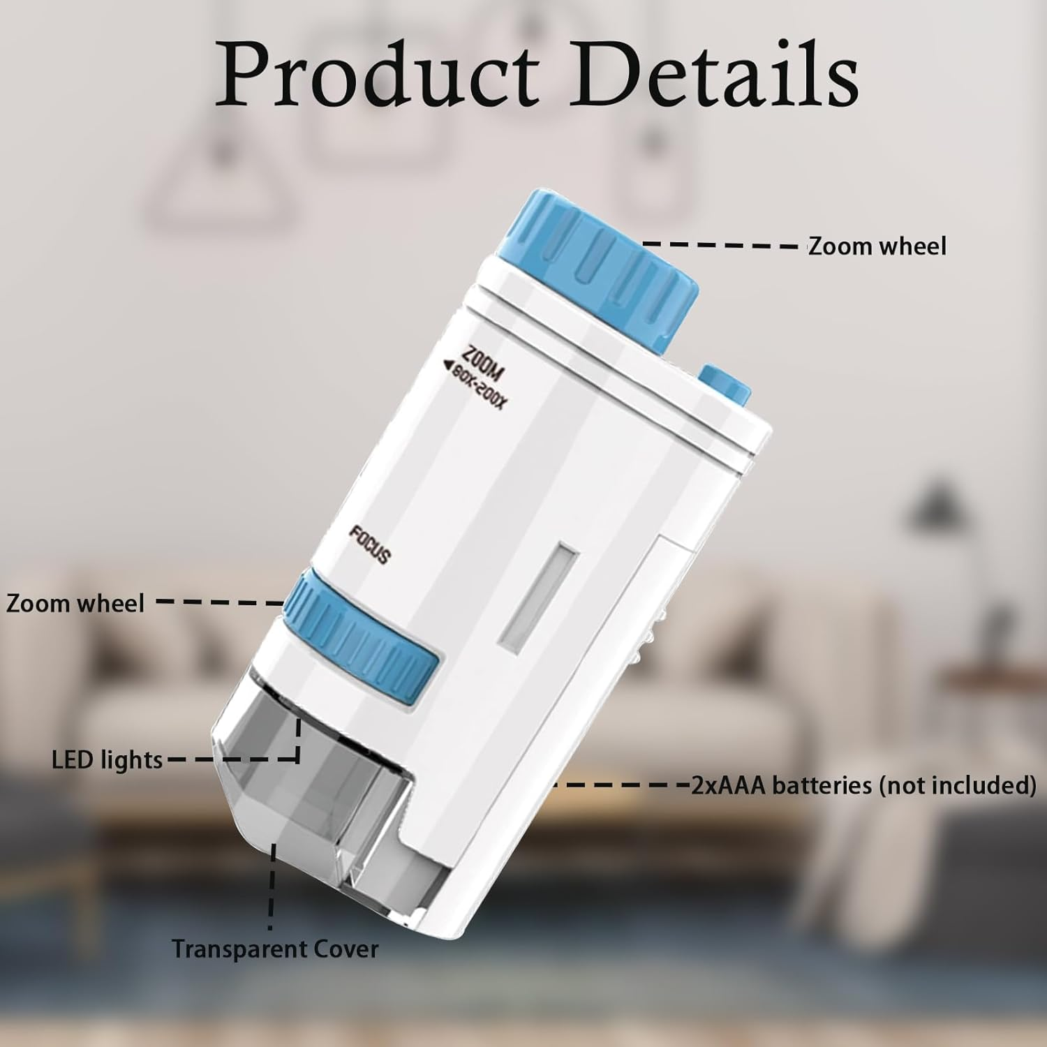 Tehttz 1 Pack Blue 60-200X Zoom Pocket Microscope, Mini Microscope with LED Light High Definition Children Microscope for Kids, Microbiological Observation Preschool Home (Not Battery Included) image number 5