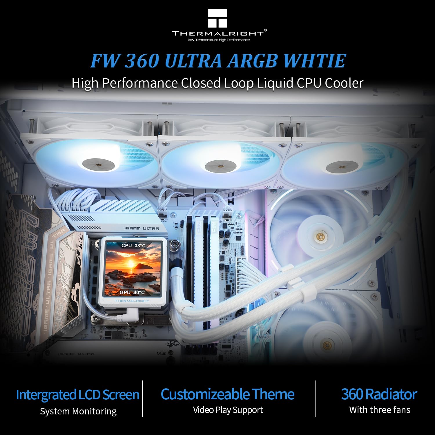 Thermalright FW 360 Ultra ARGB White 360Mm AIO CPU Liquid Cooler,Ips LCD Screen with 480X480 Resolution,For Am5/Intel LGA1851/1700,&lsquo;2.88 Inch&rsquo;Magnet-Absorbent LCD Screen for Images -White image number 6