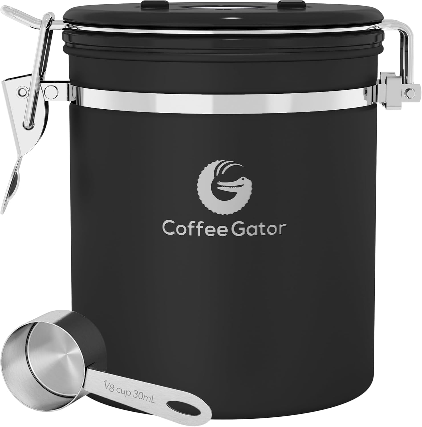 Coffee Gator Coffee Canister, 22Oz Airtight Stainless Steel Kitchen Food Storage Container with Date Tracker, Valve, Scoop for Sugar, Grounds, Beans, Tea, Sugar, Cereal, Flour, Cookies Jars - Black