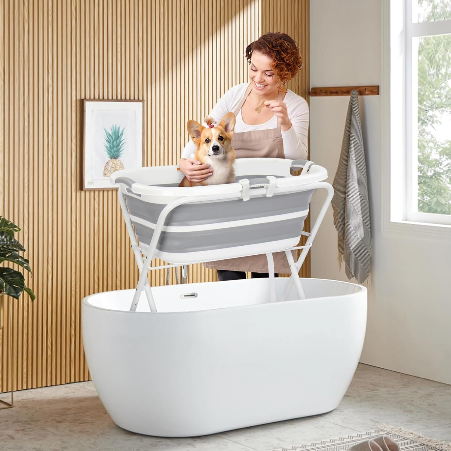 2 in 1 Dog Bath Tub Dog Washing Station for Bathing and Grooming, Elevated Collapsible Foldable Portable Shower Bathtub for Small Dogs Cats Pet, Indoor and Outdoor