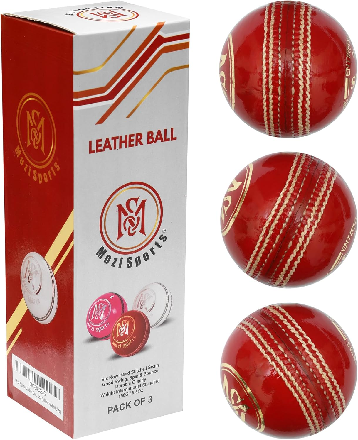 Mozi Sports&reg; Leather Cricket Ball Senior Hand Stitched Match Quality Balls Weight 5.50Oz