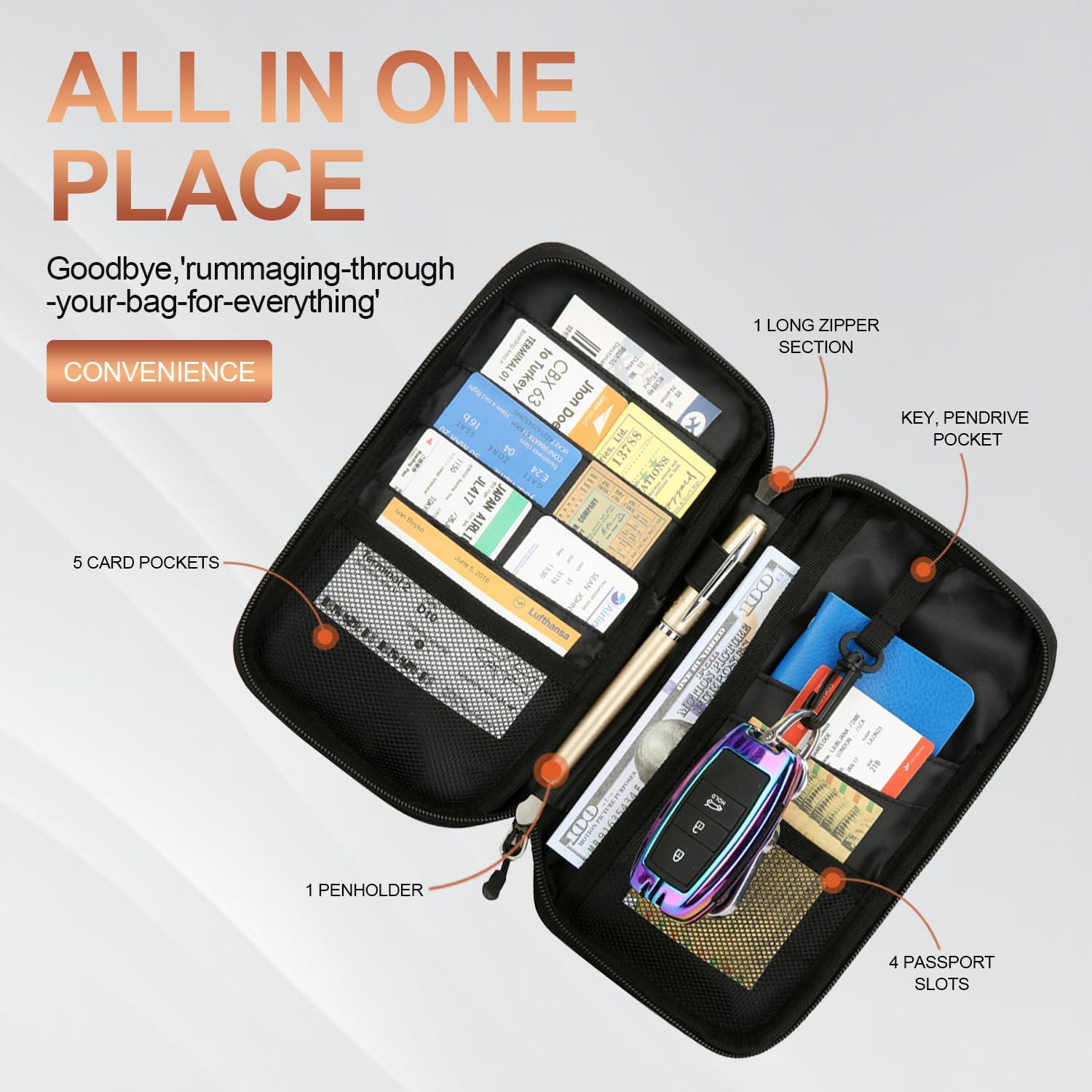 H HOME-MART RFID Travel Passport Wallet and Passport Holder with Crossbody Strap,Family Passport Holders-Travel Accessories H Document Airplane Holiday Unisex Passport Wallets Cover Case - Black image number 2