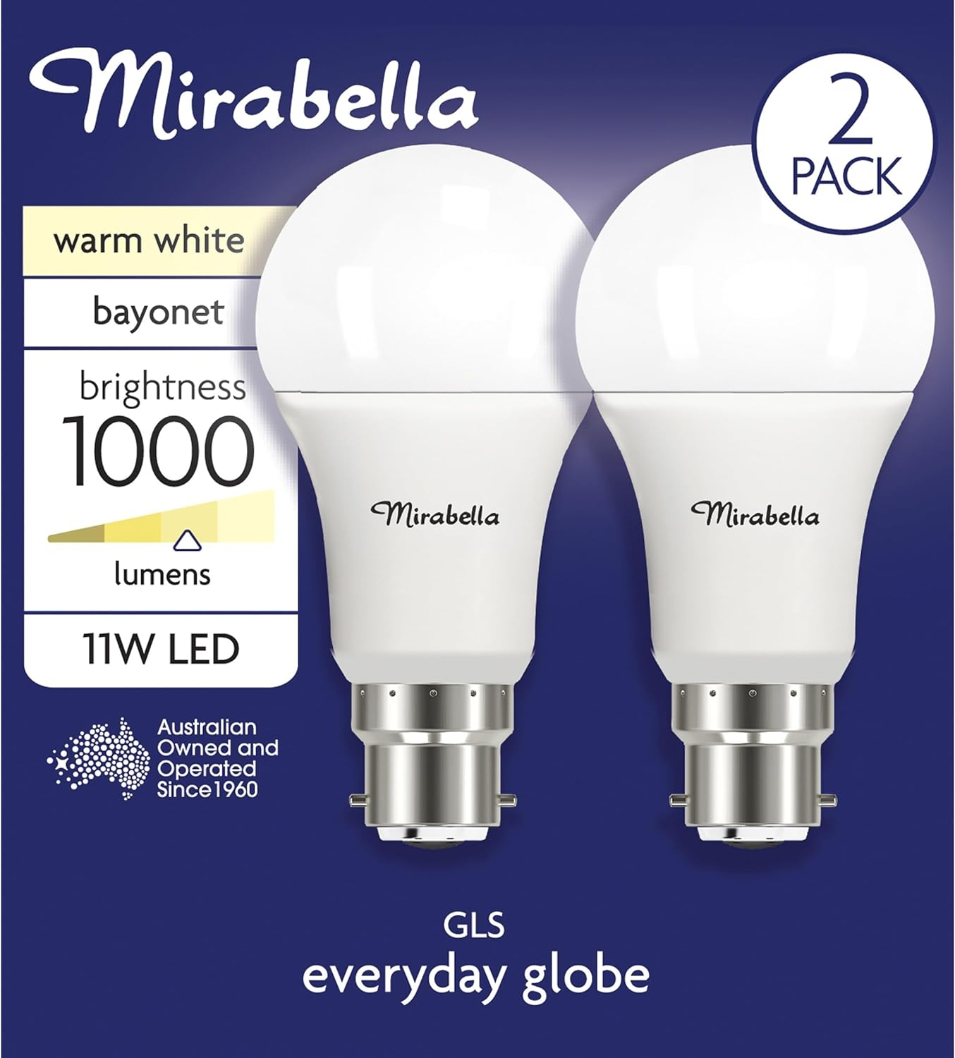 Mirabella LED 2PK GLS BC 11W 1000Lum 2700K Warm White image number 3