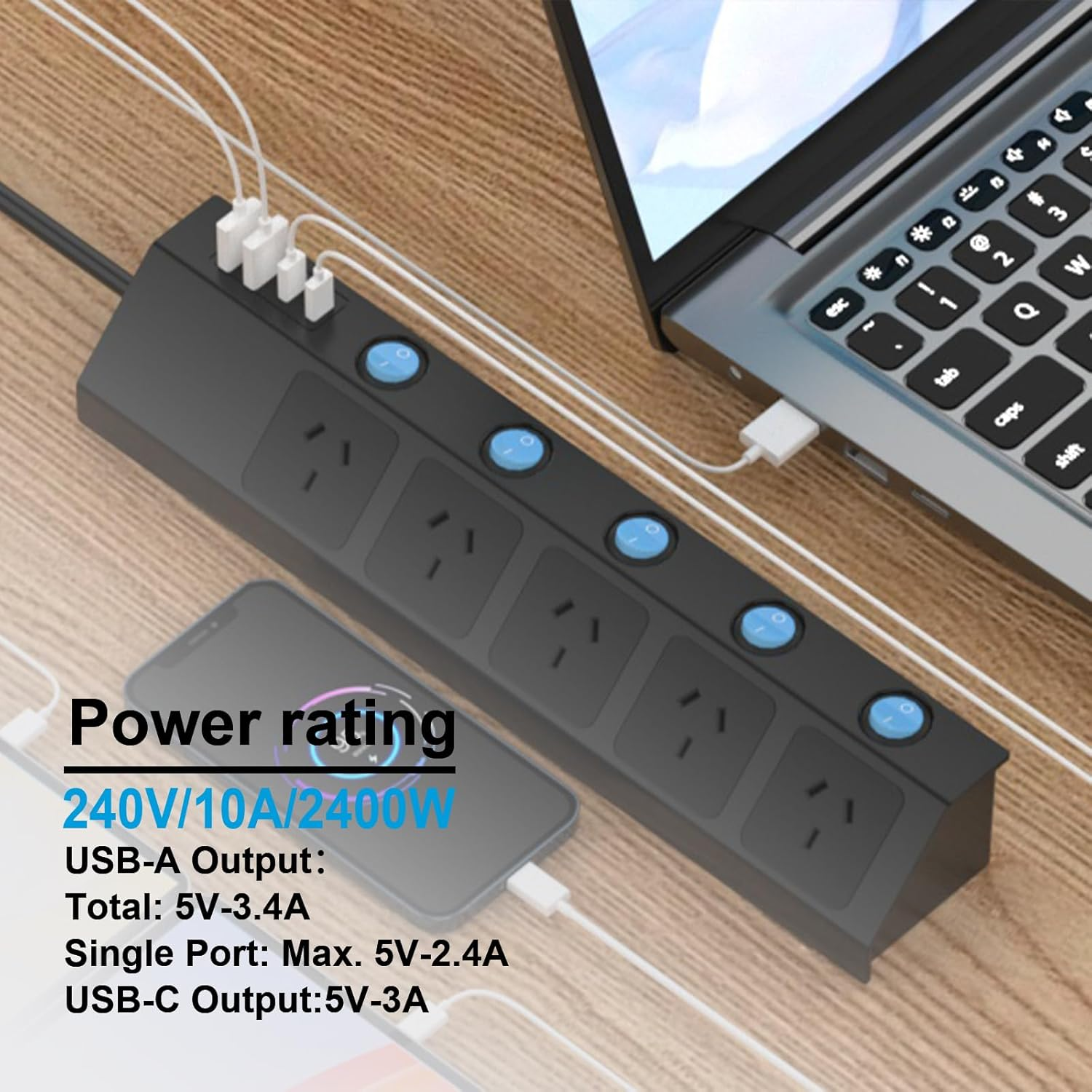 HITRENDS Power Strip with 5 AC Outlets, 1.5M Cable 2 USB a and 2 USB C Surge Protector Power Board with Switch, Ideal for Home and Office Use, Black image number 1