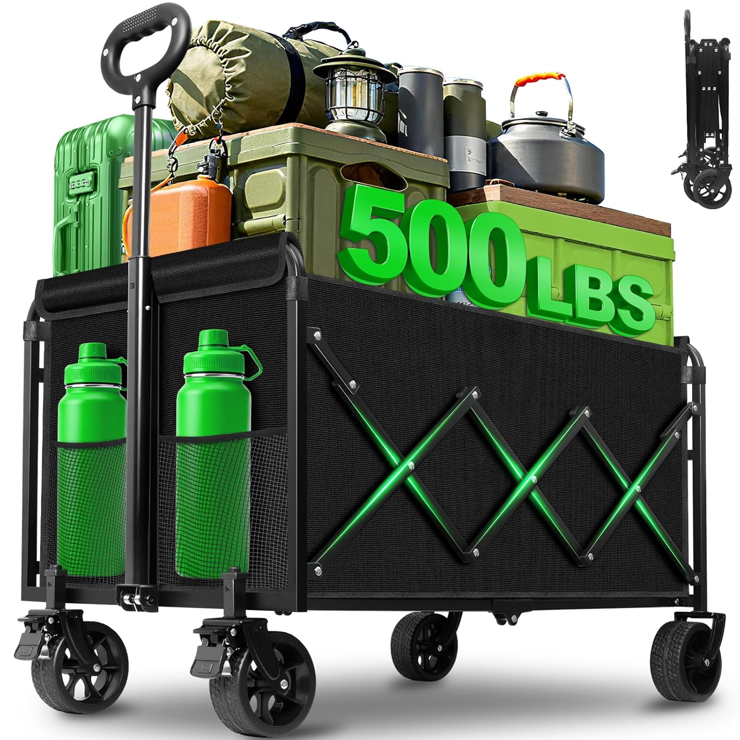 Folding Wagon Cart with Wheels, Lightweight Portable Wagons Carts Foldable 360 Lbs, Collapsible Wagon with Flexible Handle for Grocery Beach Sports Garden Shopping Camping