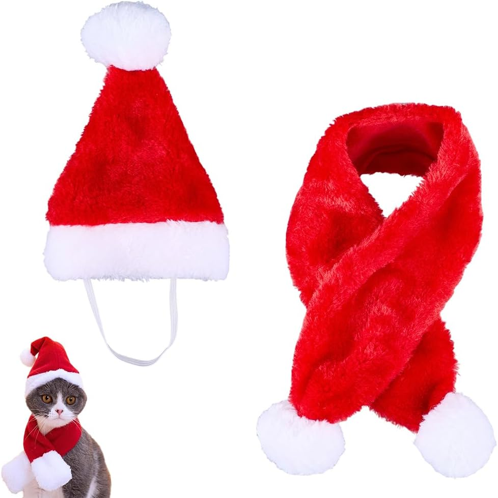 GORGECRAFT Santa Hat for Cats Red Polyester Christmas Pets Dogs Puppies Kittens Rabbit Doll Decoration Costume Small Hats Scarf Outfit Set for Winter Holidays Party Fancy Dress image number 5