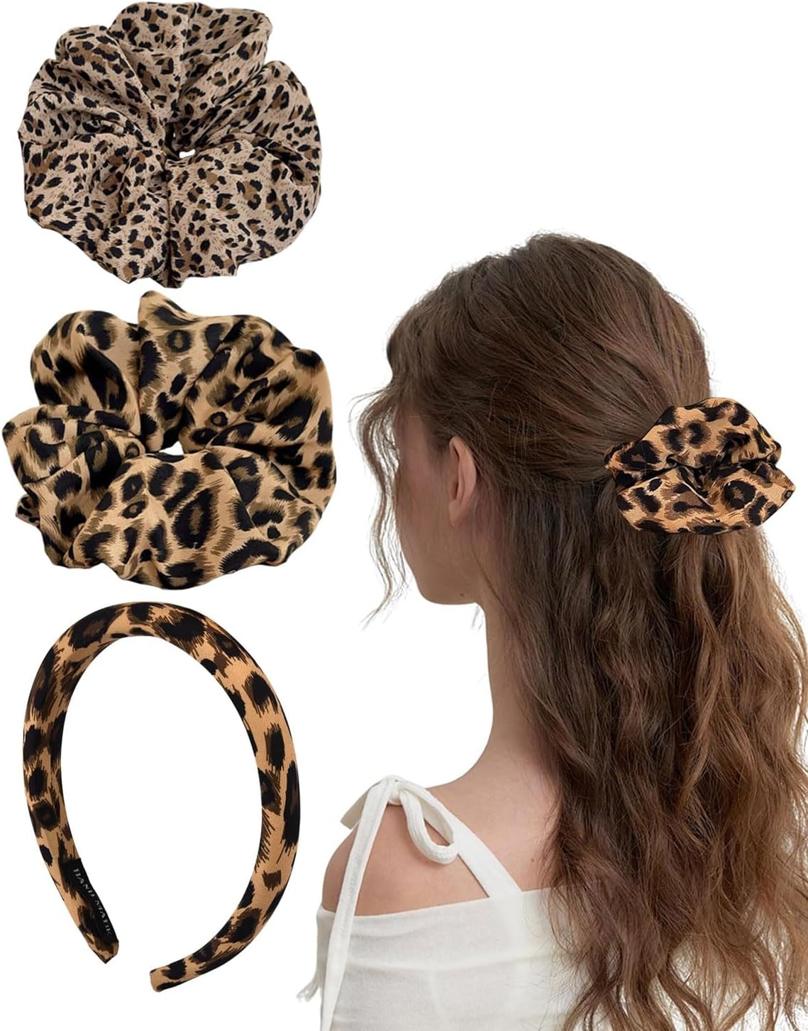 JUKOTA 2 X Hair Bands for Women Leopard Print Scrunchies Strong Hold Hair Bobbles Extra Large Scrunchie for Thick Hair, Leopard Print, Scrunchies, with 1 Leopard Headband, Hair Band image number 1