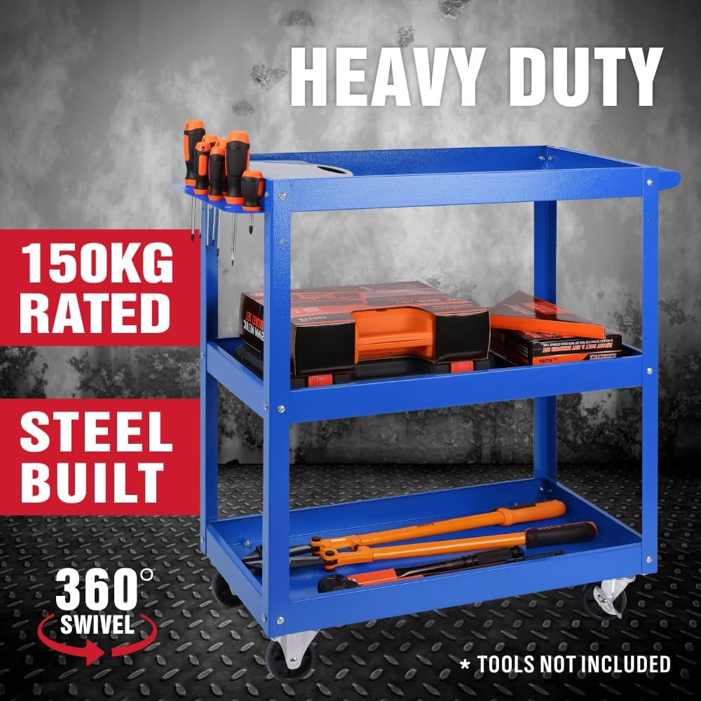 HORUSDY Blue 3-Tier Tool Storage Trolley, Workshop Steel Tool Cart Mechanic Swivel Lockable Wheel with Screwdriver Holder, 150KG Capacity - Red image number 5