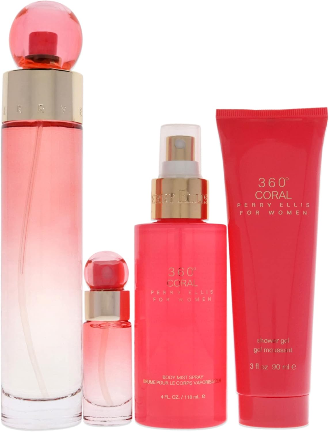 Perry Ellis Perry Ellis 360 Coral Gift Set - Eau De Parfum Spray + .25 Oz Mini Eau De Parfum Spray + 4 Oz Body Mist Spray + 3 Oz Shower Gel