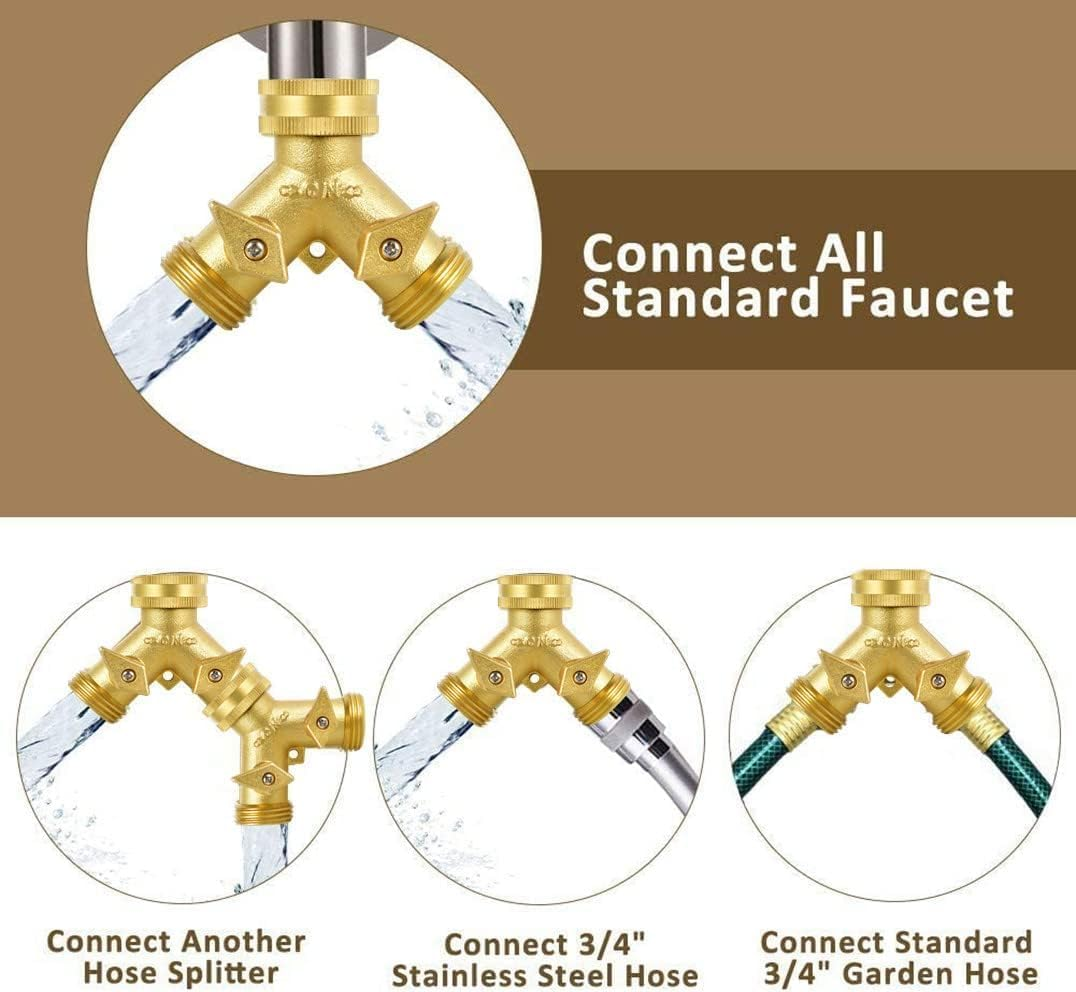 2 Way Heavy Duty Brass Garden Hose Connector Tap Splitter for Lawn and Garden - Outlet with 2 Valves, Hose Spigot Adapter, plus 4 Extra Rubber Washers - Updated Version image number 2
