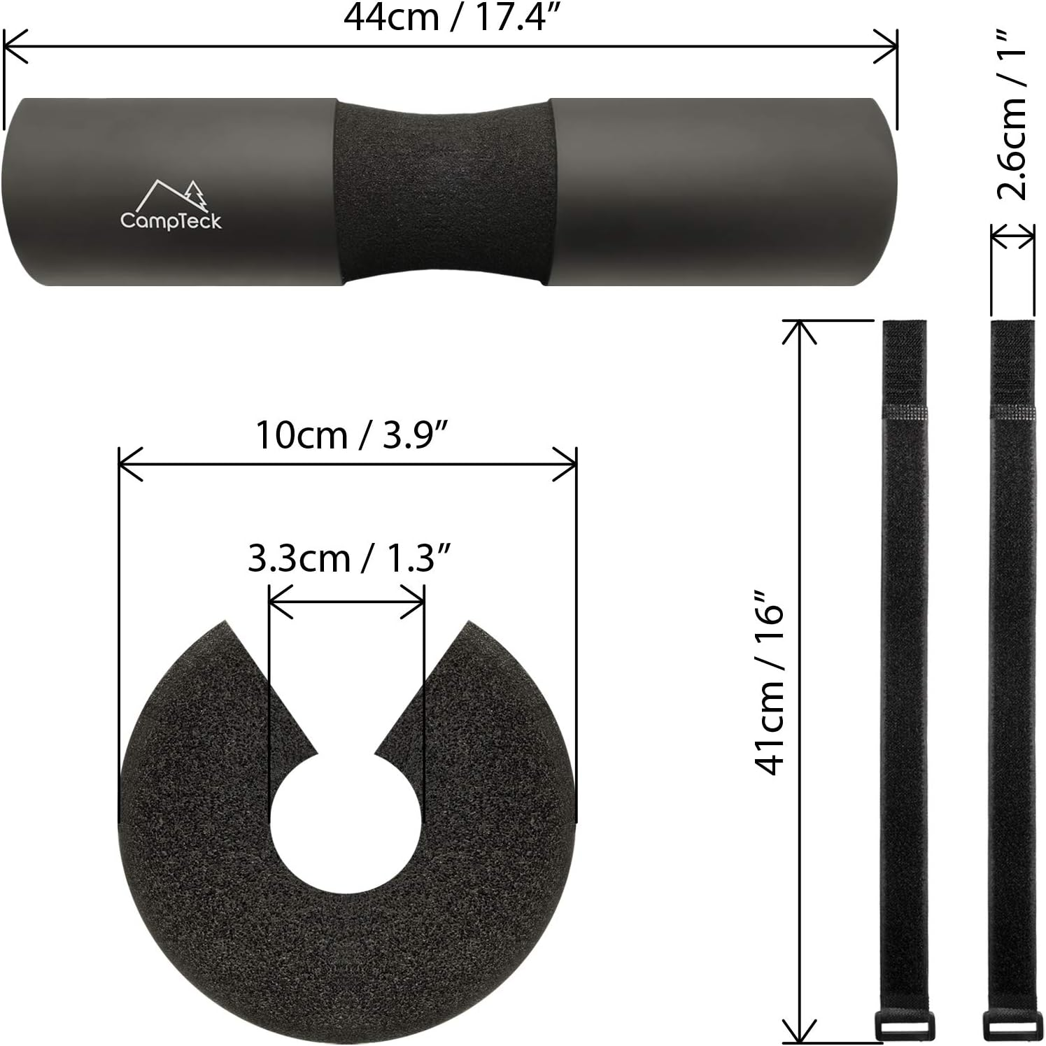 Campteck U6814 Olympic Barbell Pad Support with Hook & Loop Straps Barbell Foam Pad Gym Squat Pad for Hip Thrusts, Weightlifting, Squats, Lunges & Much More &ndash; Black