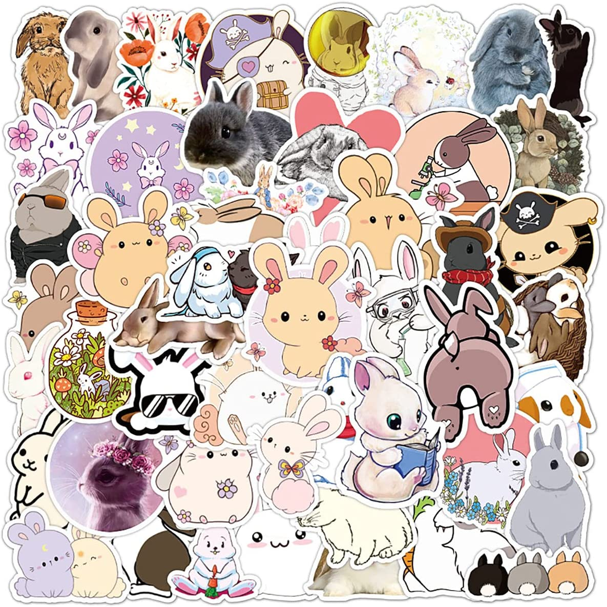 Cute Rabbit Stickers, 50 Pcs Funny Bunny Stickers for Laptop, Water Bottle, Guitar, Motorcycle, Bike, Skateboard, Luggage, Phone, for Teen DIY Decoration