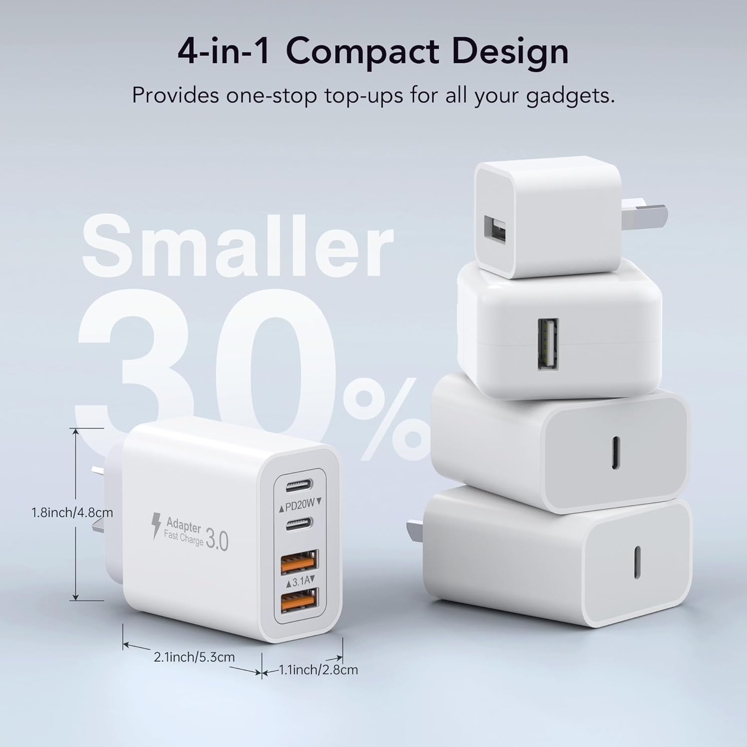 [2 Pack] 40W USB C Charger, 4-Port USB Wall Charger Plug with Dual PD USB C and USB a Fast Charger Charging Port Multi USB Power Adapter AU Plug Compatible with Iphone 17/16/15/14/13/12, Ipad, Samsung image number 3
