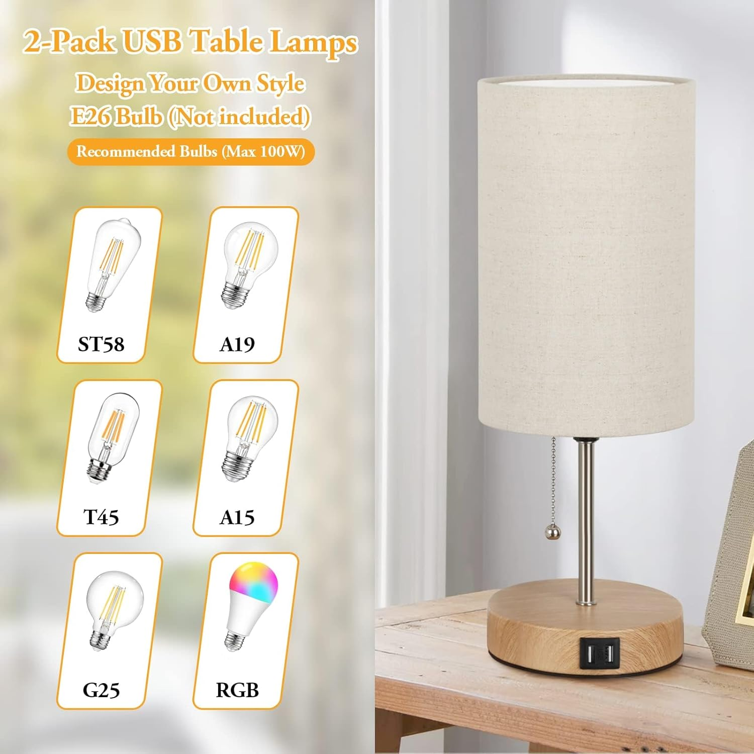 Table Lamps for Bedrooms, 2Pack Bedside Touch Lamp with Dual USB Charging Ports, Vintage 3 Way Dimmable Nightstand Lamps with Fabric Lampshade for Bedroom, Living Room image number 2