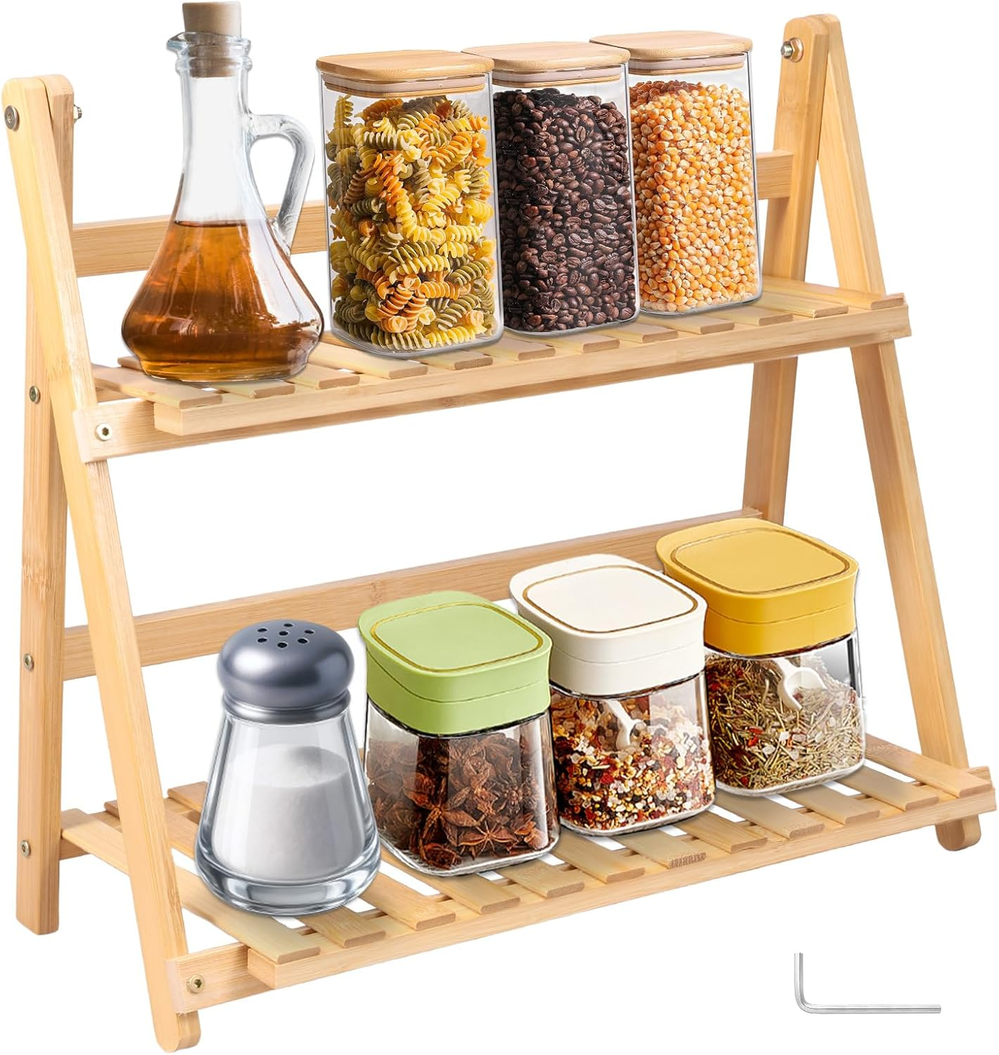 Fwqofvk Coffee Station Organizer for Countertop, Bamboo Kitchen Counter Shelf, 2 Tier Countertop Organizer, Spice Rack for Kitchen, Home, Office (Burlywood)