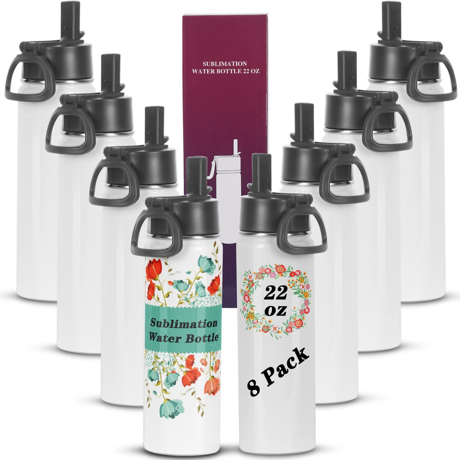 Draheri Sublimation Sports Water Bottle Blanks, 22 Oz Sublimation Tumblers, Double Wall Stainless Steel Sports Water Bottle Flask with Portable Handle, Individually Boxed (8 Pack) image number 3