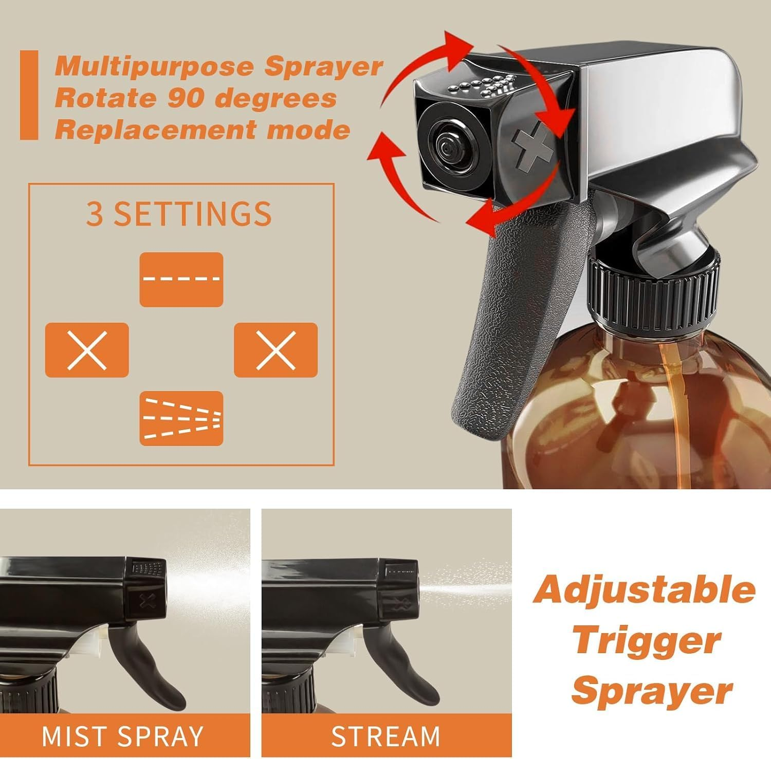 Empty Amber Glass Spray Bottles with Labels (2 Pack) - 16Oz Refillable Container for Essential Oils, Cleaning Products, or Aromatherapy - Durable Black Trigger Sprayer W/Mist and Stream Settings