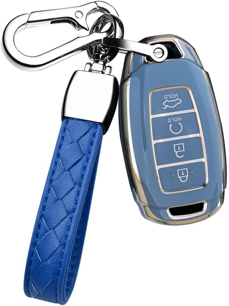 HIBEYO Key Fob Cover for 2018 2019 2020 2021 2022 Hyundai Santa Fe Venue Kona Veloster Palisade Elantra GT Accessories with Keychians Key Case Shell Soft TPU 4 Button-White