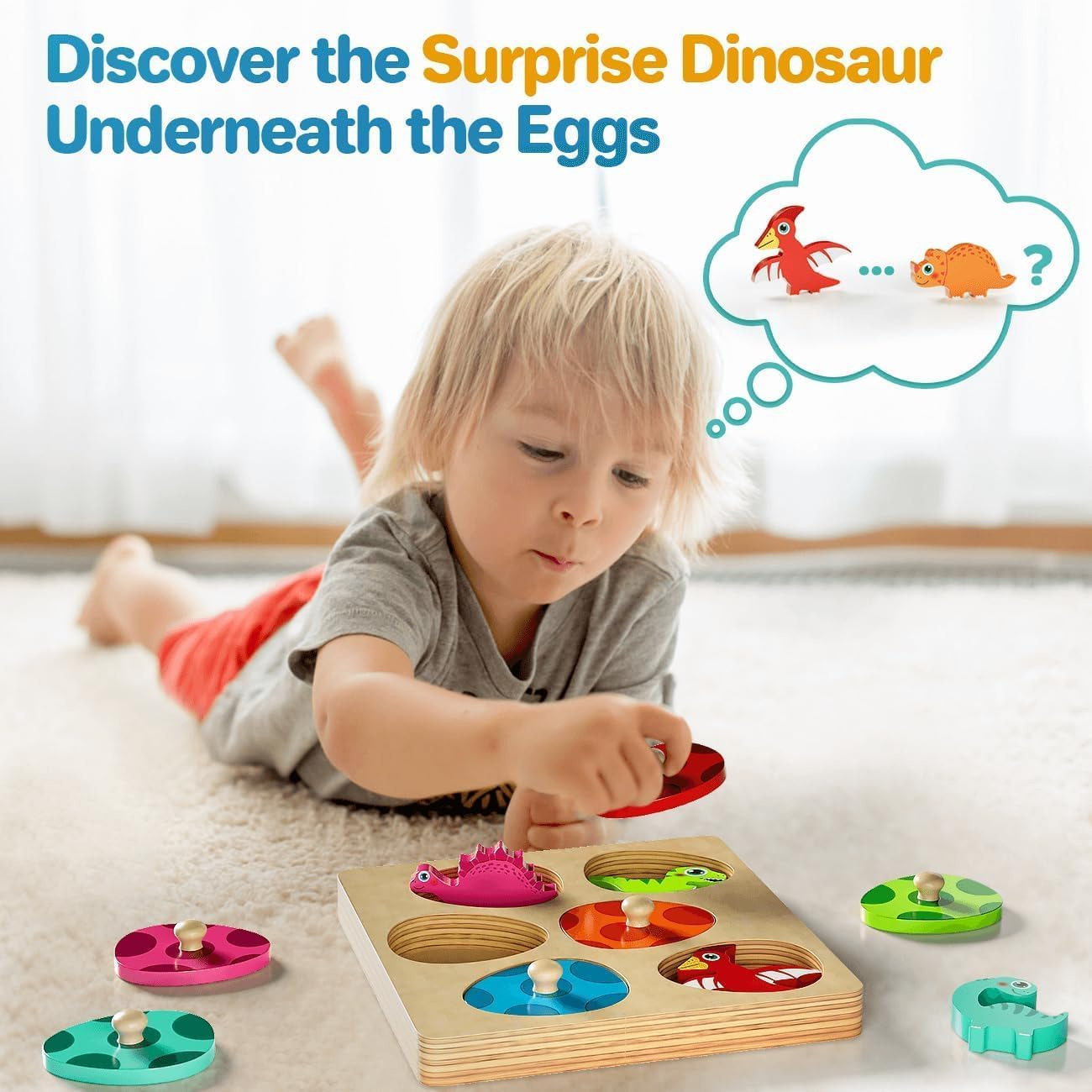 Wooden Puzzles for Toddlers 1-3, Montessori Toys for 1 2 Year Old Boy Girl Birthday, Dinosaur Match Eggs Peg Puzzles, Preschool Learning Toys for Toddlers Age 1-2 image number 4
