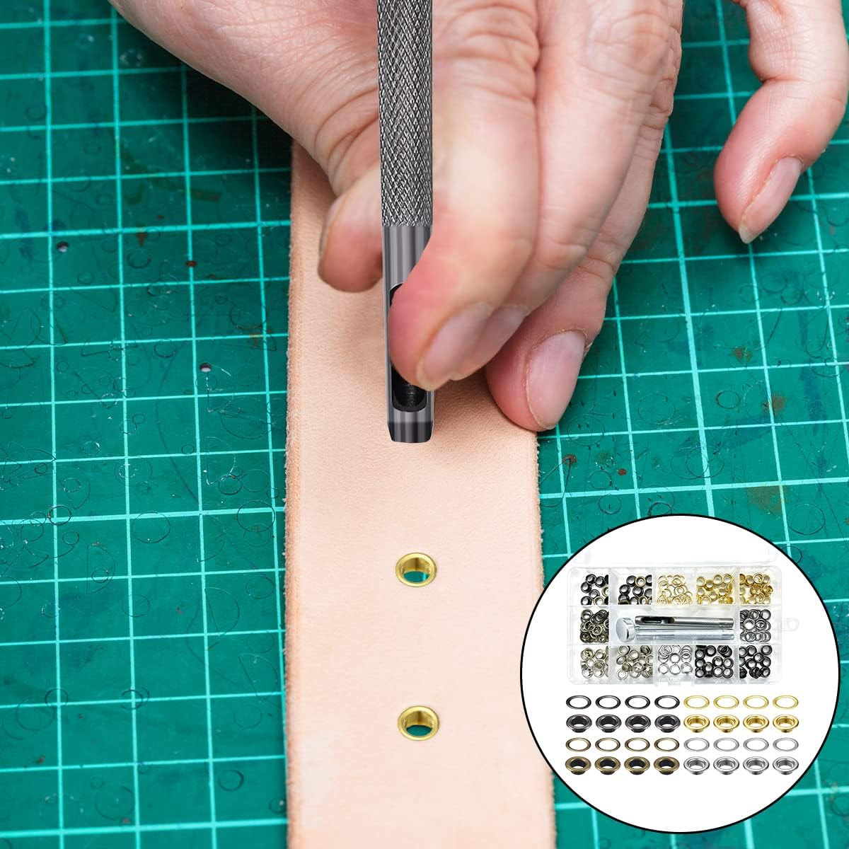 BEZANU Grommet Tool Kit, 100Set Metal Grommet Eyelets with 3Pcs Install Tool for Shoes, Fabric, Canvas, Clothing, Leather (4 Color, 1/4Inch) image number 1