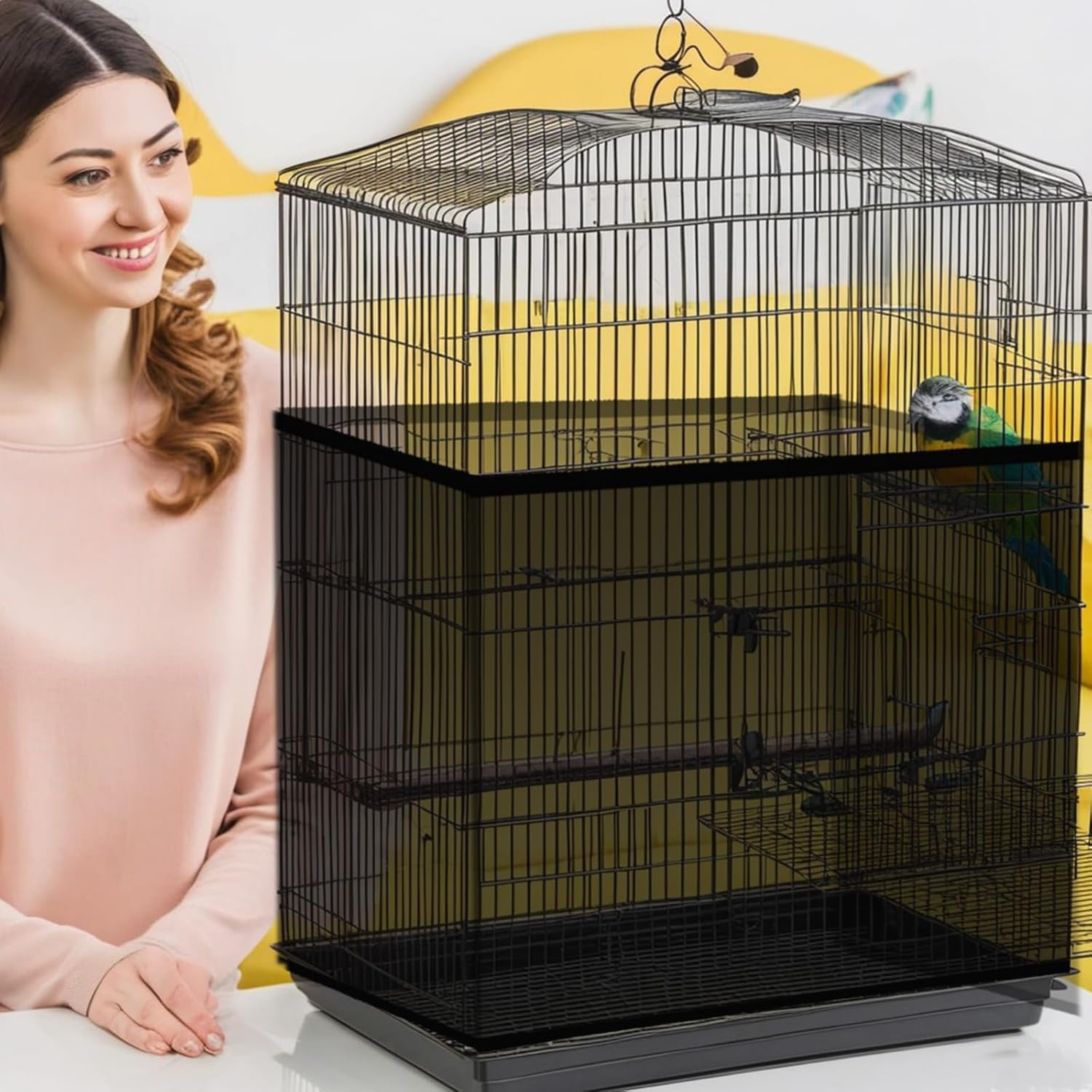 Tjhypenete 2 PCS Bird Cage Cover, Universal Bird Cage Seed Catcher, Ventilated Nylon Large Size Bird Cage Cover, Parrot Guard Net Cover, Birdcage Mesh Stretchy Skirt for Parakeet round Square Cage image number 6