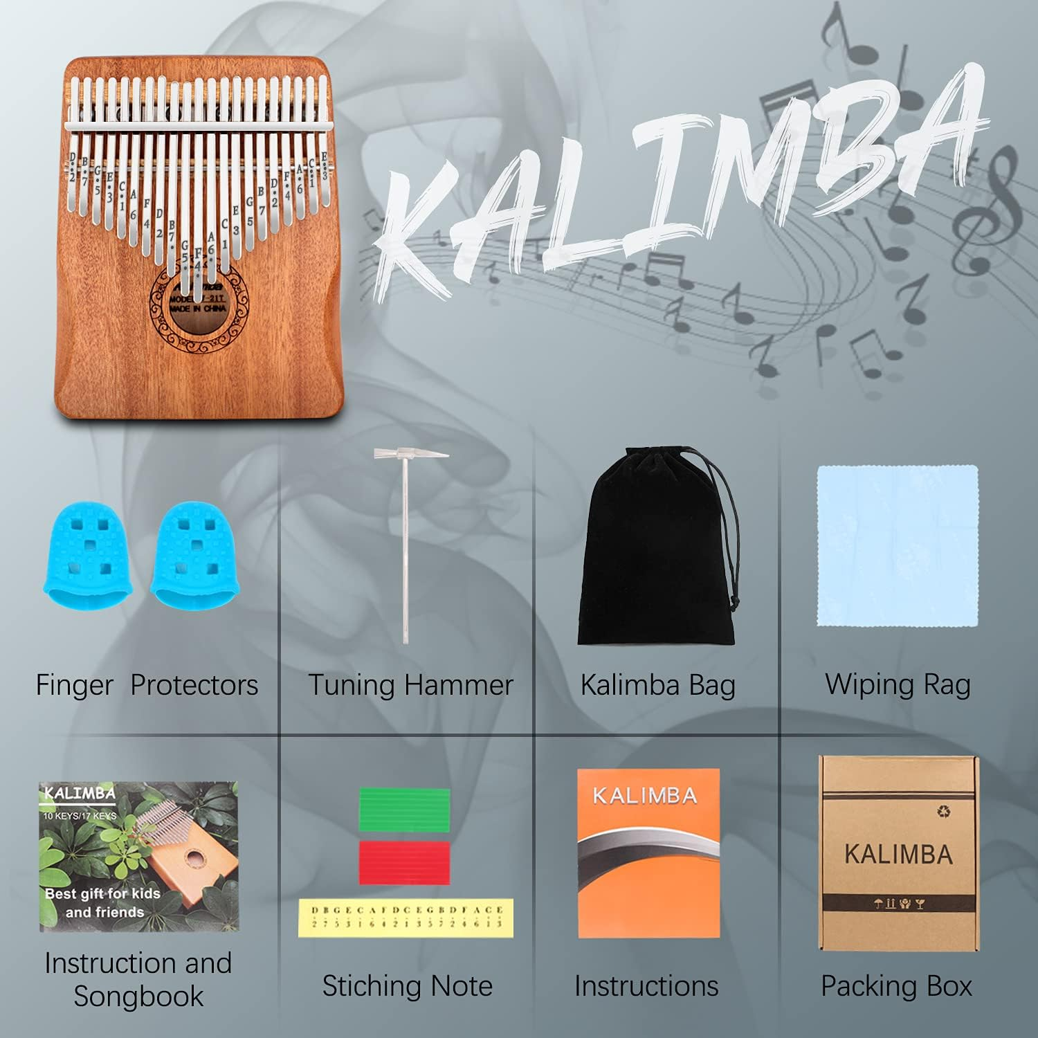 Kalimba Thumb Piano,Yundie Potable 17 Keys Mbira Finger Piano with Tune Hammer and Study Instruction,Musical Instruments Gift for Adult Beginners Professional (Brown, 21Keys) image number 2