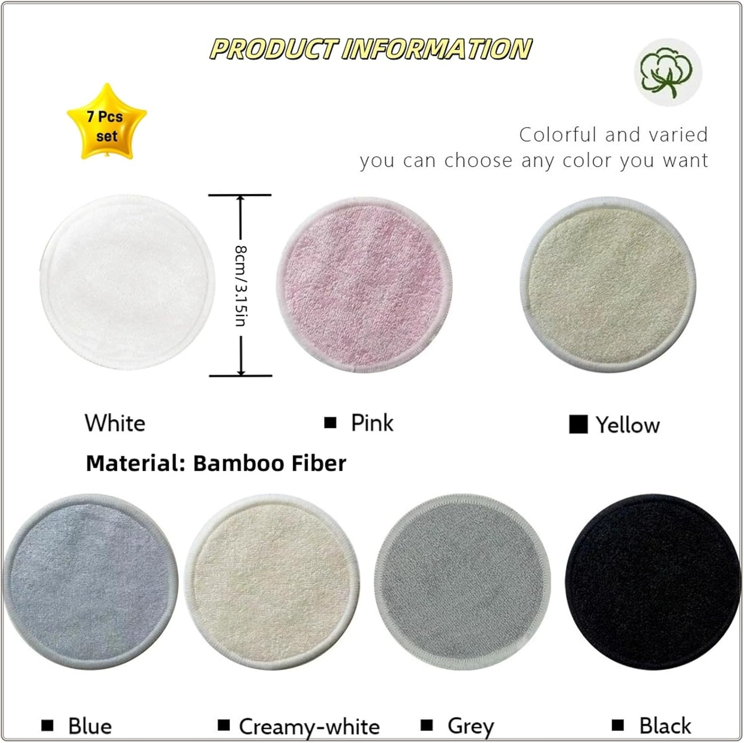Reusable Makeup Remover Pads - 7 Pcs Soft Cotton Rounds for Face with Friendly Bamboo Fiber, Washable Makeup Remover Cloth for All Skin Types - Ideal for Facial Cleansing (7 Colour) image number 1