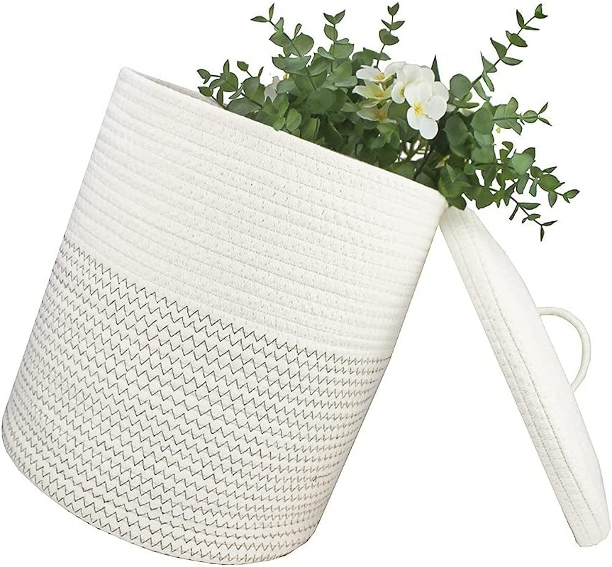 Yimi'S Dream Storage Basket with Lid, Cotton Rope Woven Storage Basket, Small Storage Bins, Nursery Organizers and Storage, Baby Toy Laundry Basket (White & Grey, 12D X 13.5H Inches)