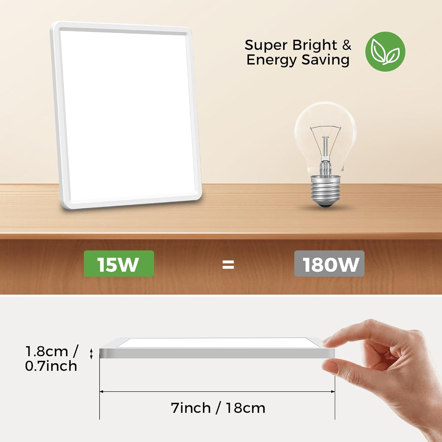 Zemty Square LED Ceiling Light, 3 Colours (3000K/4000K/6500K) Ceiling Light, 1800LM IP44 Waterproof Bathroom Ceiling Light for Office, Kitchen, Bedroom, Hallway, Balcony, Garage, 18 Cm image number 6