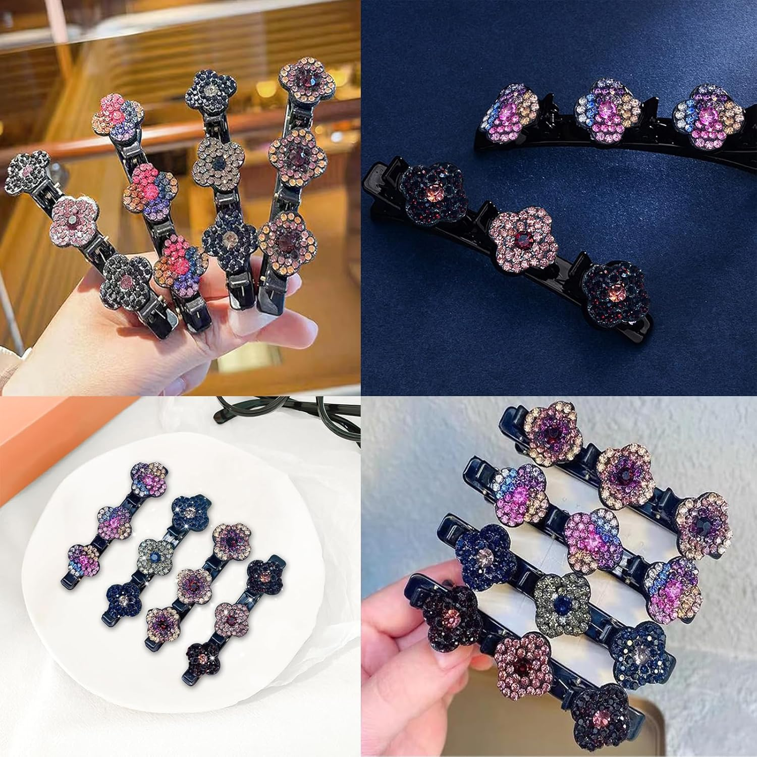 Pack of 4 Double Layer Hair Clips, Braided Hair Clips, Hair Clips with Sparkling Crystal Stones, Elegant Hair Styling Clips, Rhinestone Hair Clip, Double Layer Hair Clips for Women and Girls image number 5