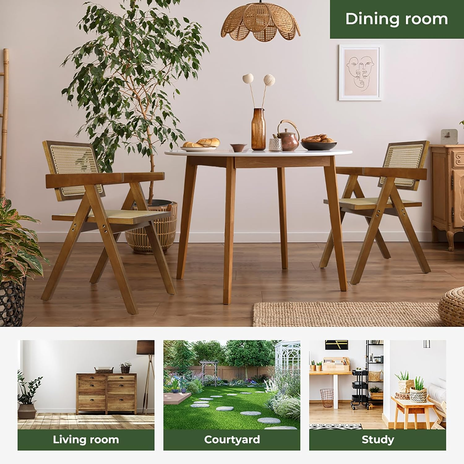 LEVEDE Dining Chairs Solid Wood, Wicker Chairs with Breathable Rattan Mesh Seat, Casual Reading Seat, Home Furniture for Dining Room, Living Room, Courtyard, Cafe, Camping (Walnut Brown) - Black image number 5