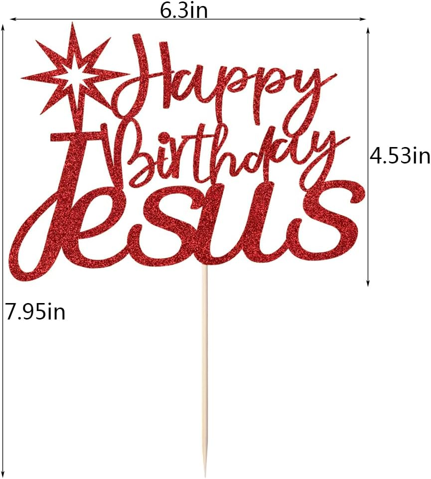 Sparkling Happy Birthday Jesus Cake Toppers - Jesus Birthday, Good Friday Cake Decoration、 Easter Party Decorations, Christmas Party Decoration Supplies (Red) - 3 image number 4
