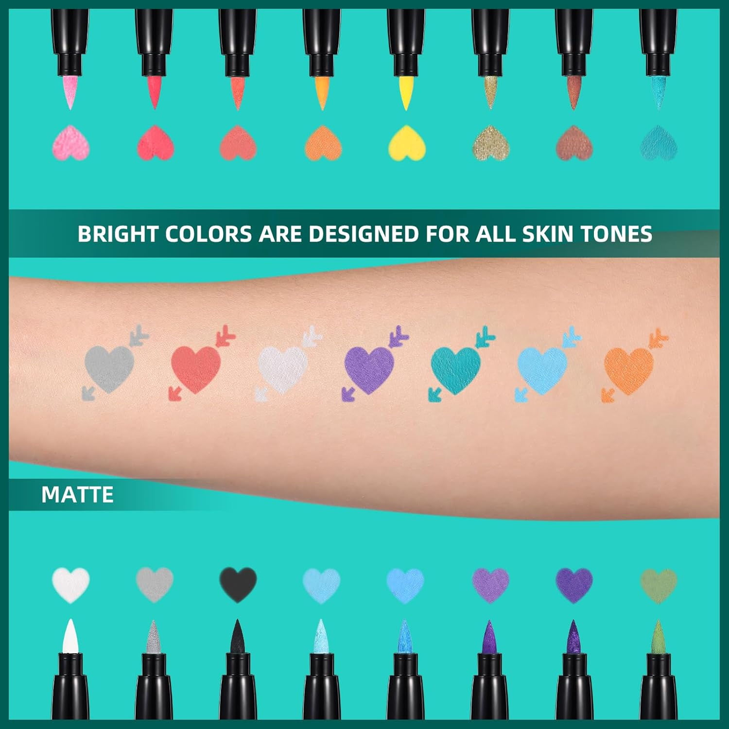 Anmmy Temporary Tattoo Markers for Skin, 16 Body Markers + 77 Assorted Color Large Tattoo Stencils for Kids and Adults, Flexible Brush Tip, Bright Colors, Skin Safe*, Cosmetic Grade. image number 6