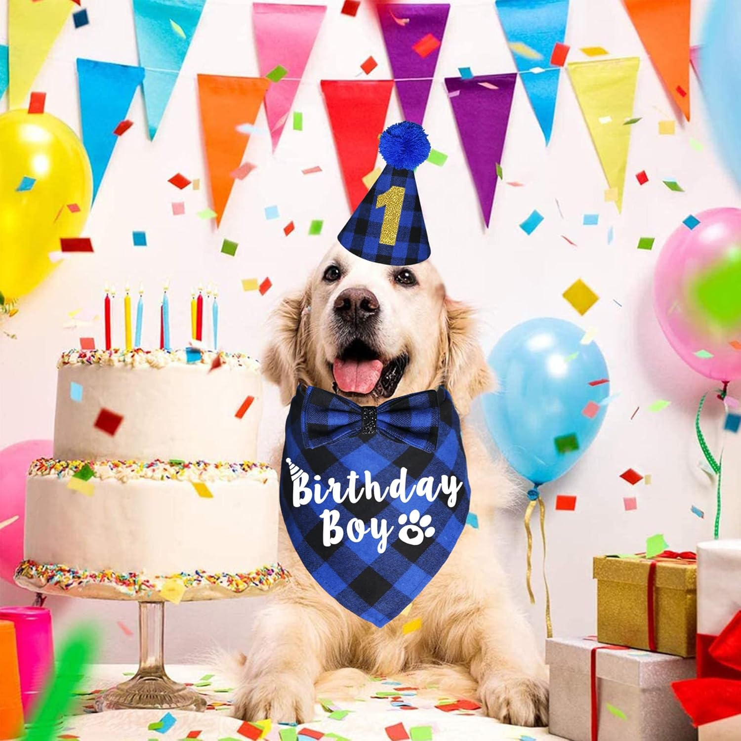 Plaid Dog Bandanas for Birthday Party Supplies (Blue and Pink) - Blue image number 3