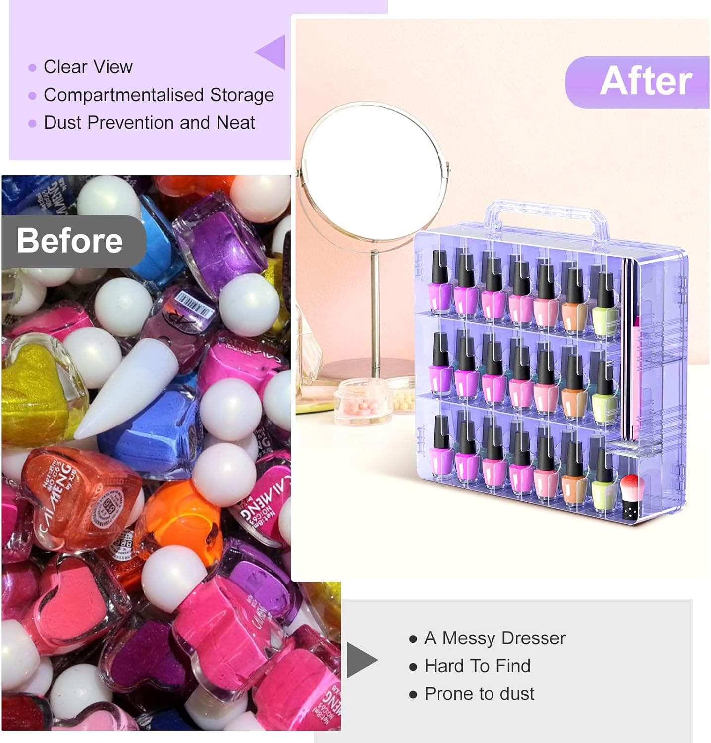 Beloving Nail Polish Organizer Case for 48 Bottles Nail Polish Holder with Adjustable Divider, Gel Nail Polish Storage Double Side Nail Polish Organizer Case for Storage Display, Purple image number 6