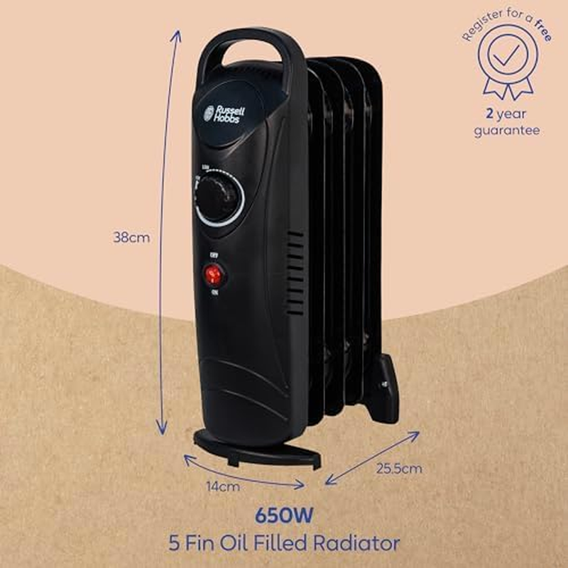 Russell Hobbs 650W Oil Heater, 5 Fin Portable Electric Heater, Black, Adjustable Thermostat, Safety Cut, Area 10M2, RHOFR3001 image number 2