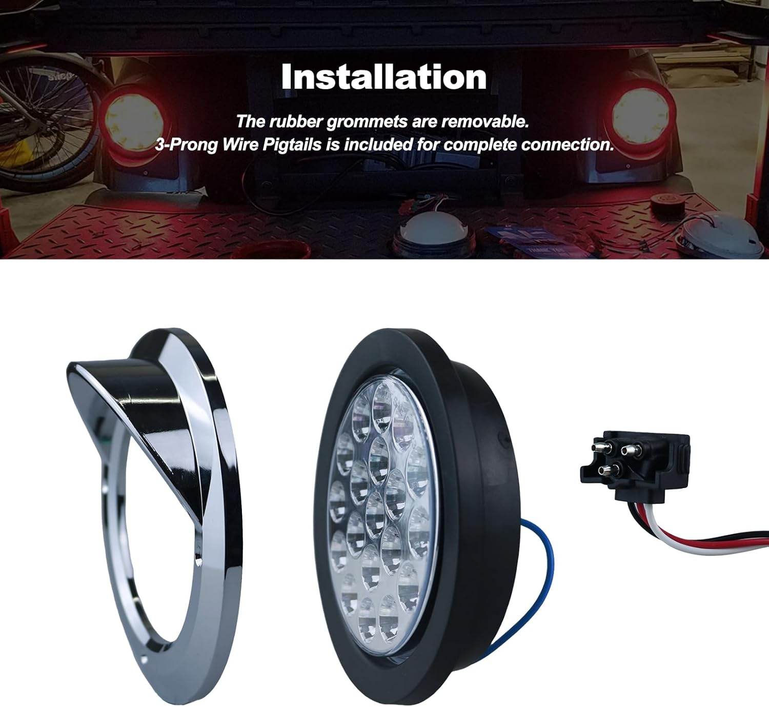 Xtraglow 4 Inch round Dual Revolution LED Tail Lights Red Stop Turn Tail Lights and White Backup Reverse Lights Kit for Truck Trailer RV Jeep with Rubber Grommet Chrome Plated Brim IP67 Waterproof image number 6