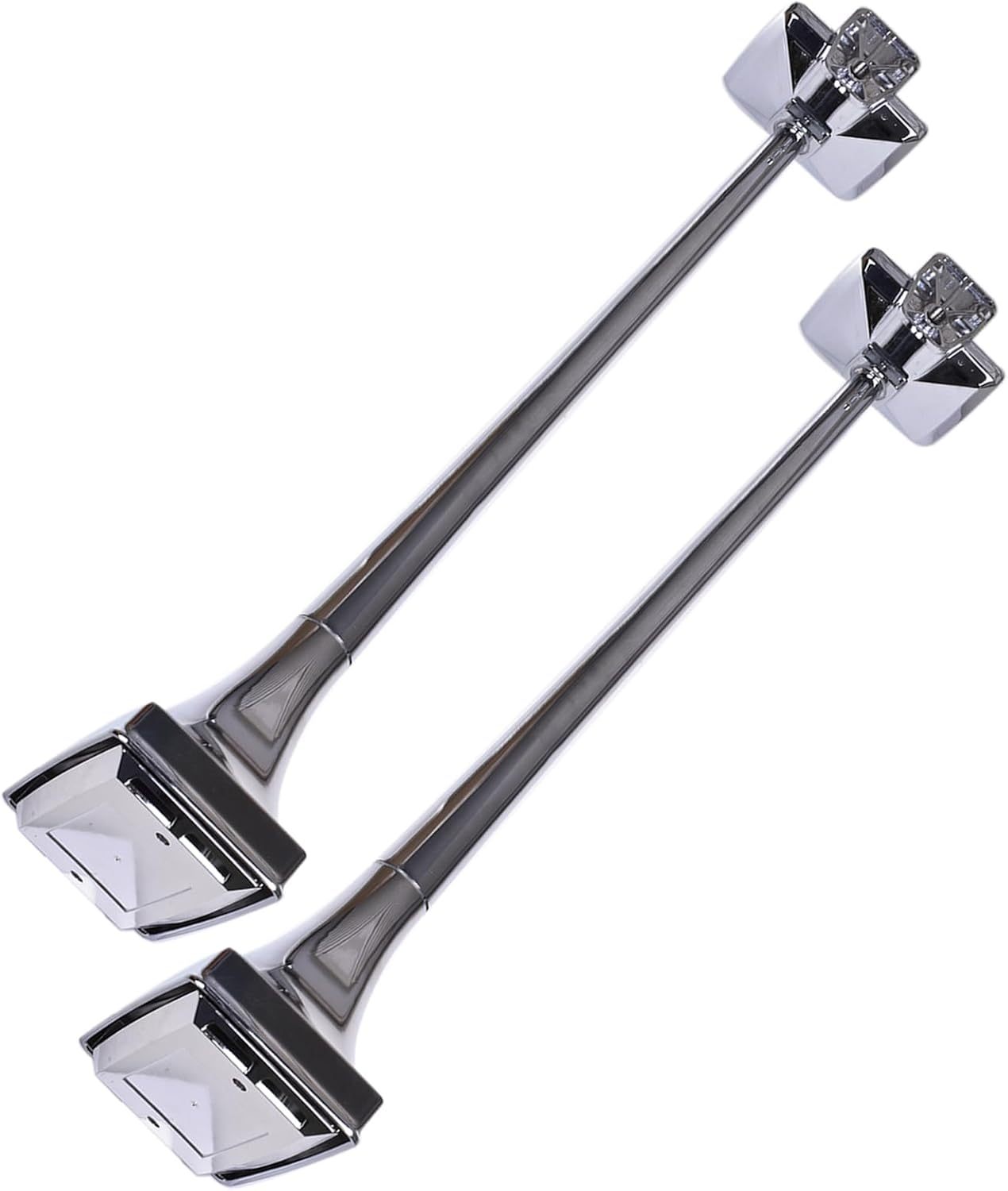 Pair Chrome Roof Mount Low Tone Air Horn & Base Mount, Compatible with Peterbilt, Kenworth, Mack, Ford Trucks, Modern Metal Silver Air Horns image number 3