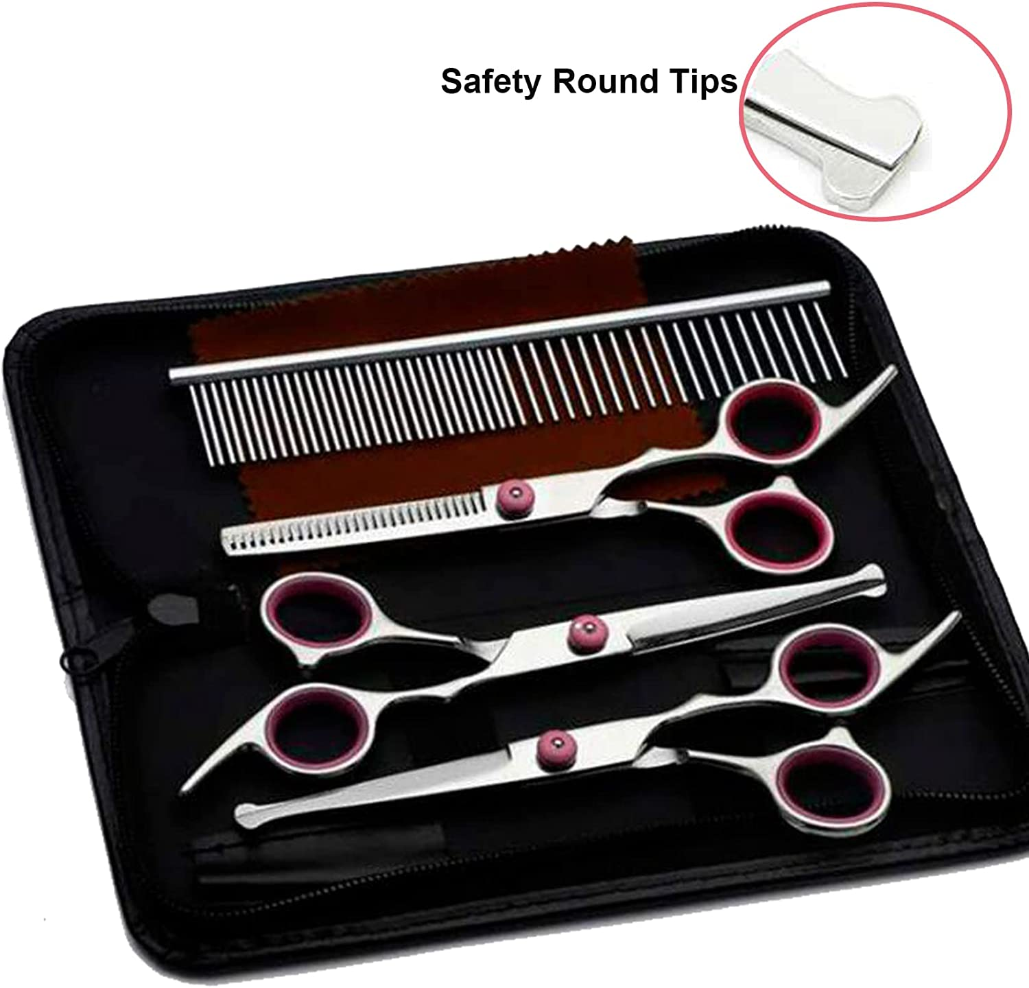 9Pcs in 1 Stainless Steel 6.5Inch Dog Grooming Scissors Kit, Dog Cat Cutting Trimmer Hair Care Thinning Shear Curved Scissors, Comb Pet Nail Clippers for Dogs Cats and Other Animals (Pink) image number 3
