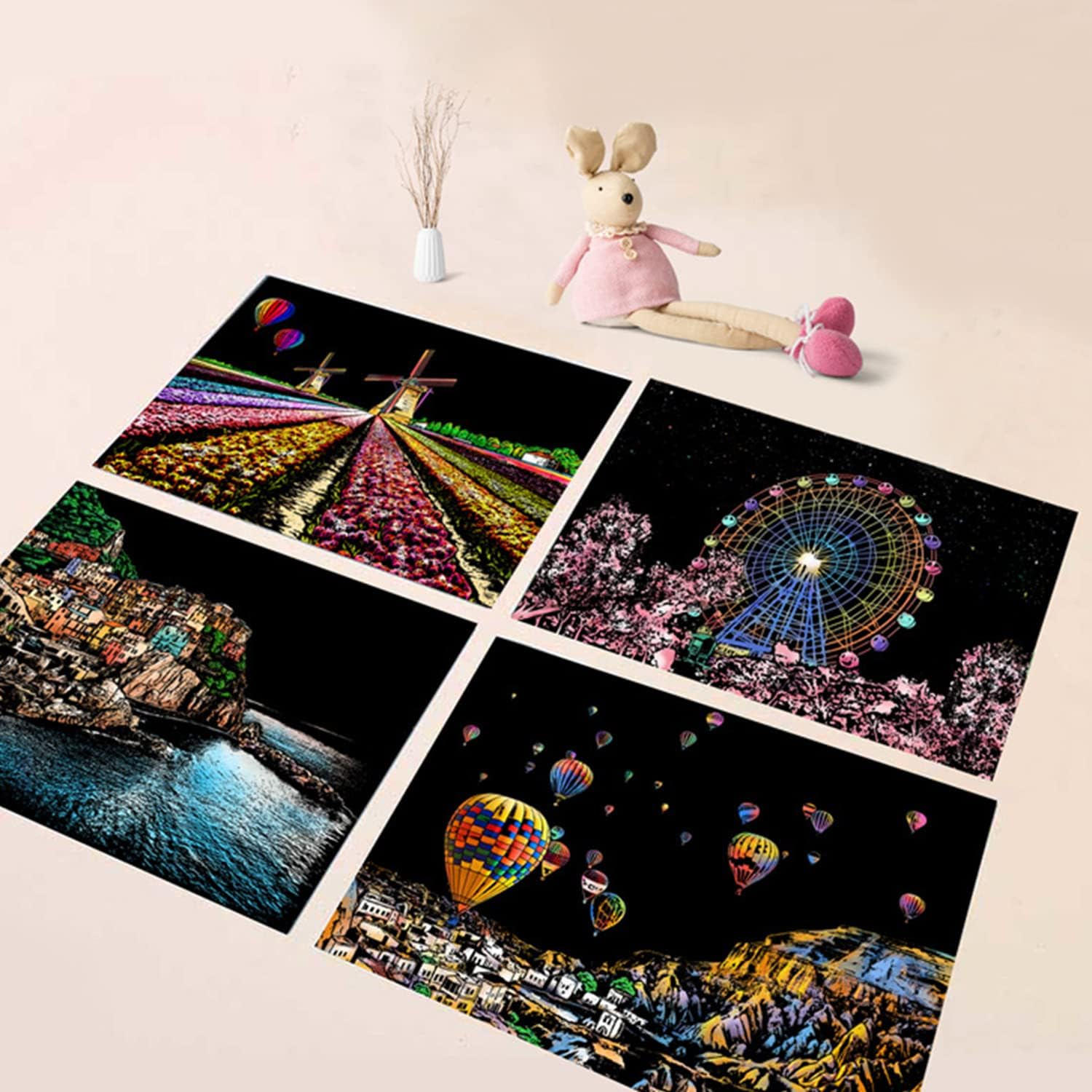 Georgie Porgy Scratch Picture Set DIY Craft Sets for Children Magic Rainbow Scratch Paper A4 Postcards for Christmas Birthday Gift with Scratch Tools Kit (Europe + Road Corner) image number 6