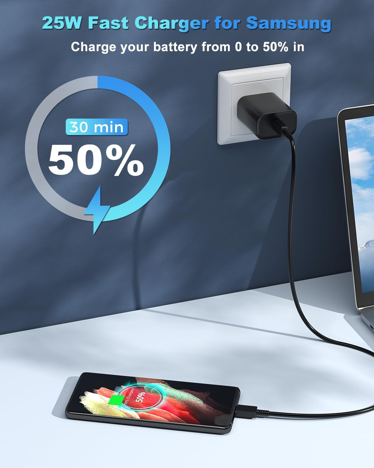25W Fast Charger for Samsung, USB C Wall Charger with 1.5M Type C Cable Compatible with Samsung Galaxy S25/ S24/ S23/ S22/ S21 Ultra, A54/ A53/ A32/ A13 image number 4