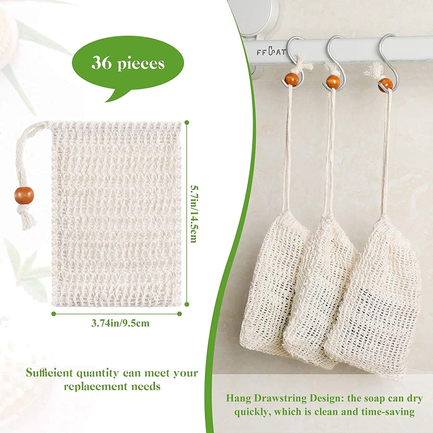 Gyorwst 36 Pack Soap Exfoliating Bags,Soap Saver Made Sisal Mesh Soap Bag Bar Soap Bag with Drawstring for Bath & Shower Use