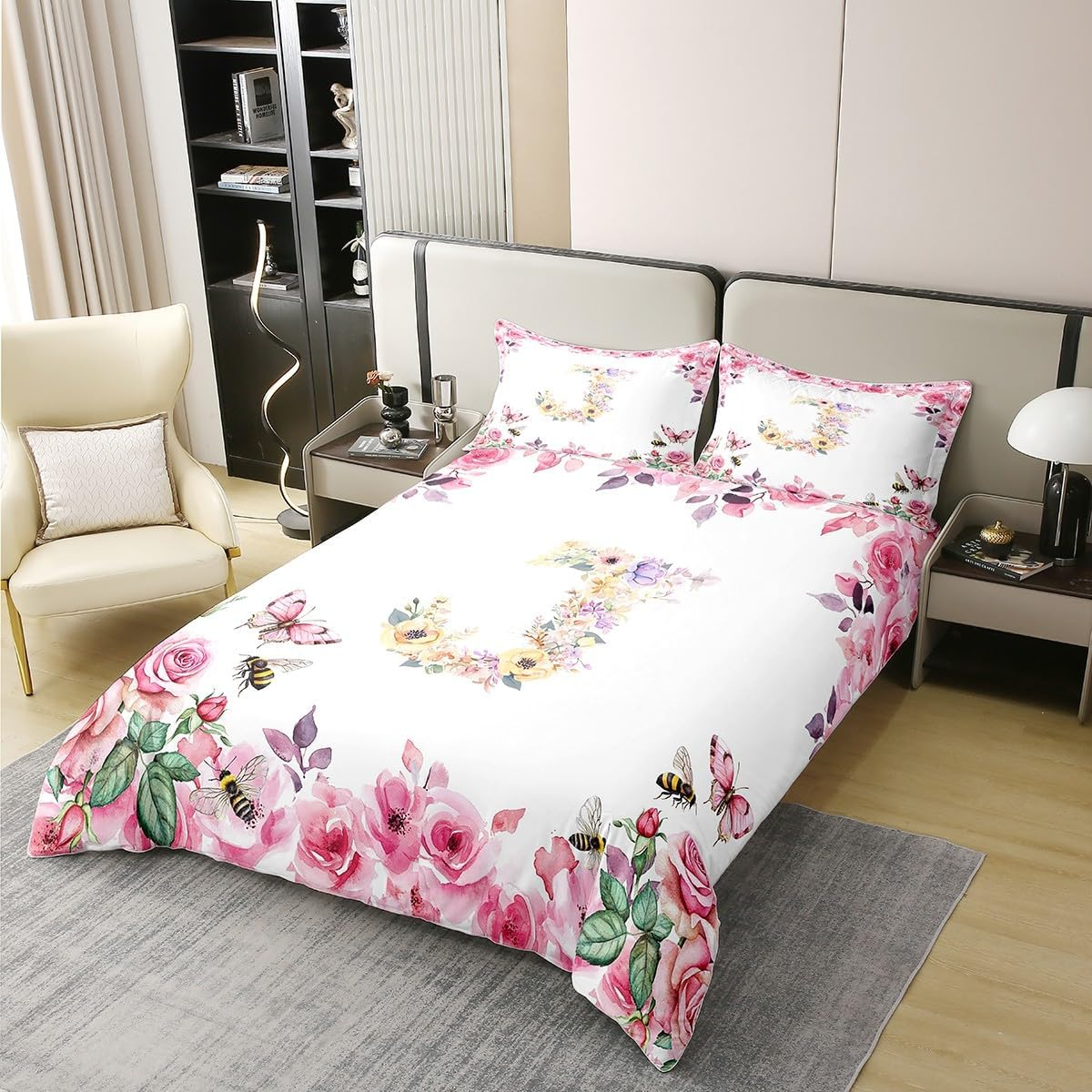 Initial A-Z 100% Cotton Duvet Cover, 135 X 200 Cm Initial Letter J Bed Linen Set for Boys Girls, Floral Monogram Bed Set, Romantic Rose Alphabet Duvet Cover with 1 Pillowcase for Bedroom image number 3