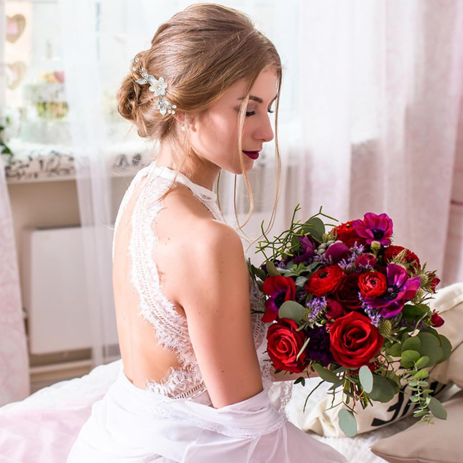 Pack of 2 Silver Flower Pearl Bridal Hair Accessories, Silver Hair Pins Wedding, Hair Accessories for Women and Girls image number 2