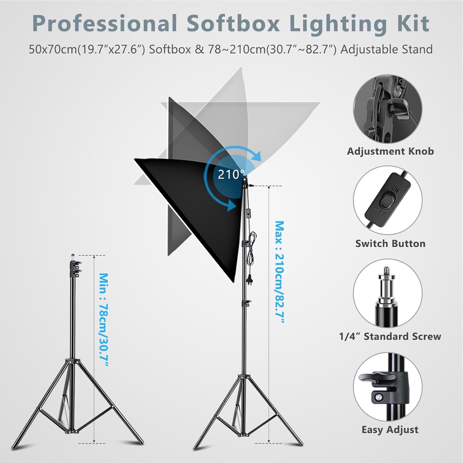 MSKIRA Softbox Lighting Kit Professional Photography 2X135W 5500K Soft Box Lights Continuous Lighting Equipment with Adjustable Light Stand & Carry Bag for Portrait Product Fashion Video Shooting image number 5