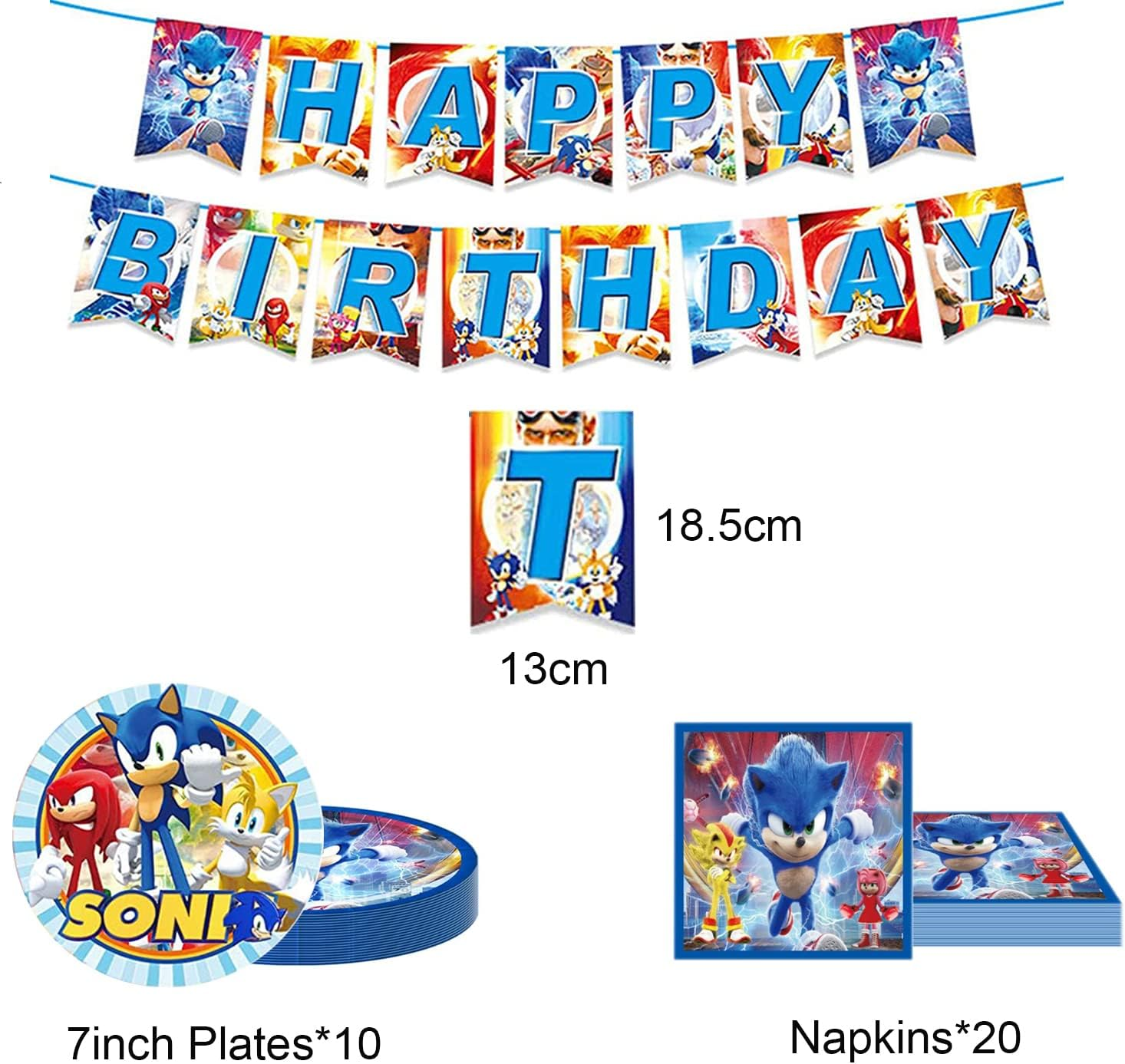 Xiaoma Sonic2 Birthday Party Supplies, 32Pcs Sonic Decorations for Birthday Party, the Hedgehog Party Supplies for Kids Include Banner ,Table Cloth ,Plates, and Napkins